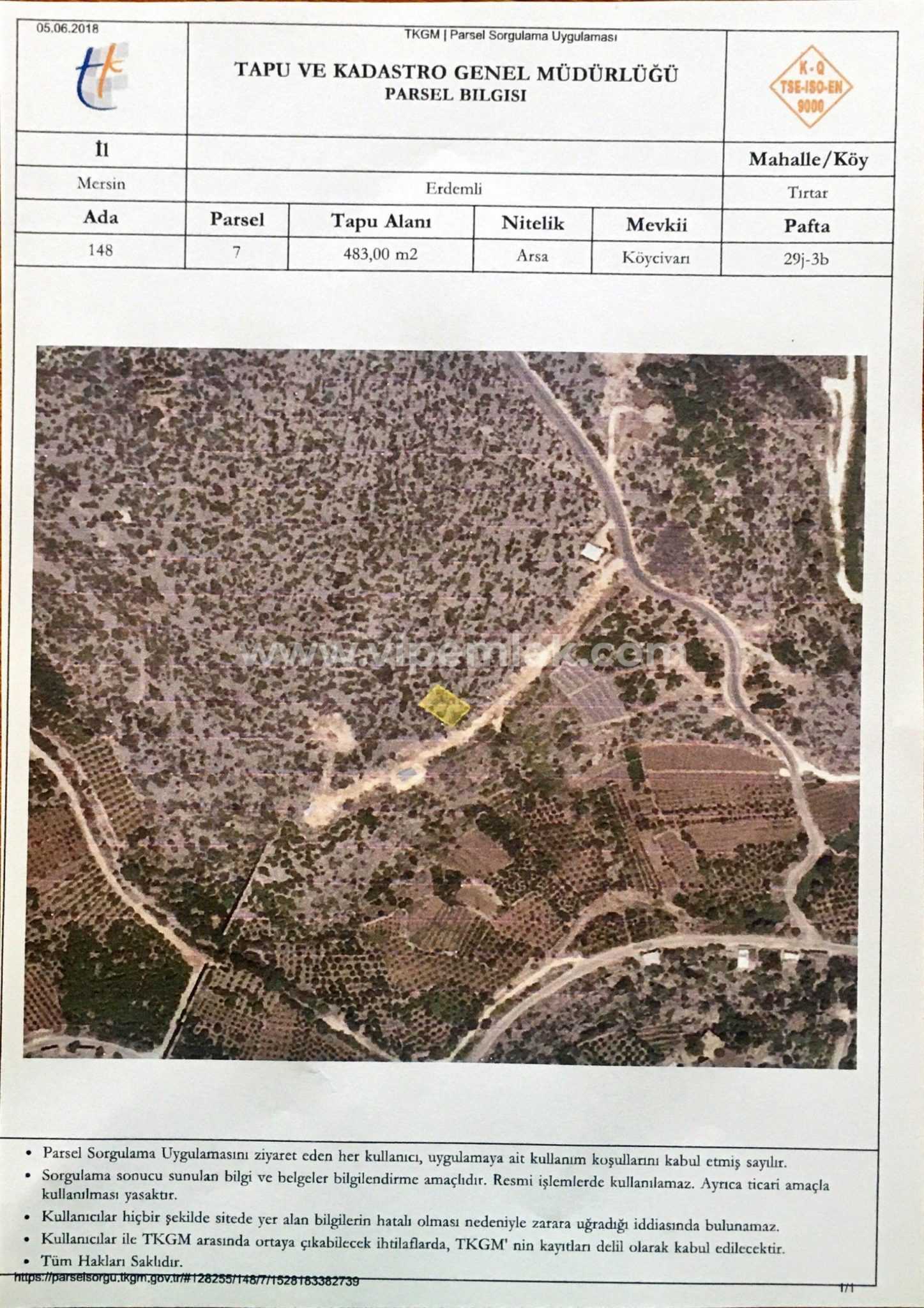 MERSİN ERDEMLİ TIRTAR DA SATILIK 483 M2 ARSA